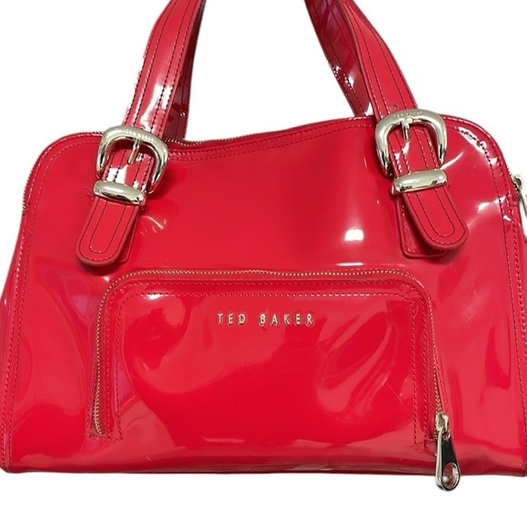 TED BAKER Purse Red Patent Bag Pockets Zip Gold Tone Hardware Satchel - Picture 3 of 14